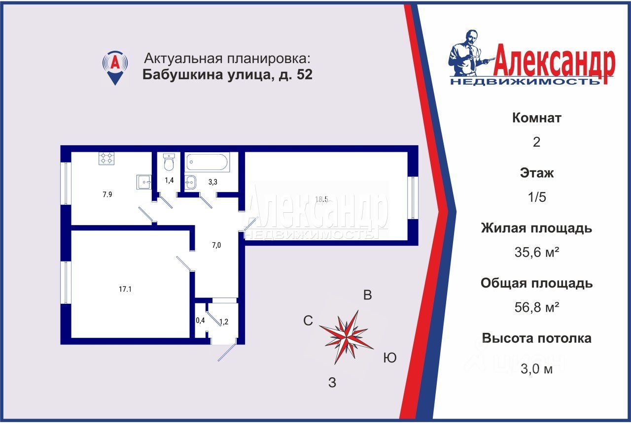 Продажа 2-комн квартиры на вторичном рынке улица Бабушкина, 52