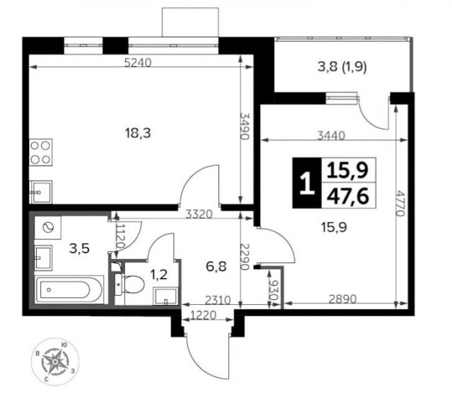 Планировка ЖК Южная Битца, 15.9 м2