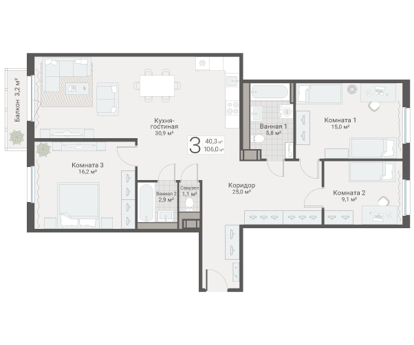 Продажа 3-комн квартиры в новостройке Санкт-Петербург г., Руднева ул.,  к. 3
