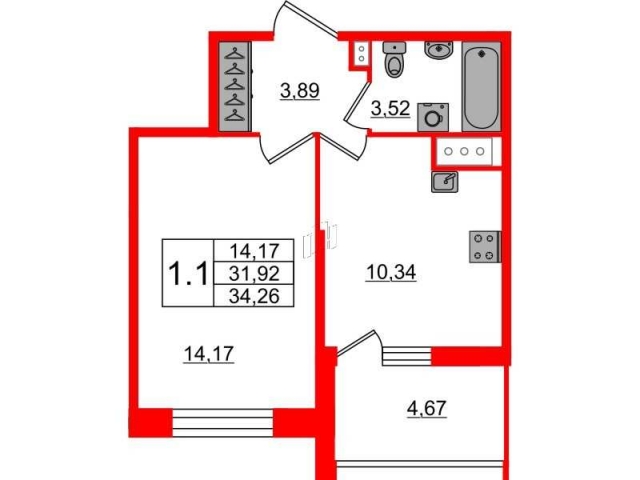 Планировка ЖК Прайм Приморский, 14.17 м2