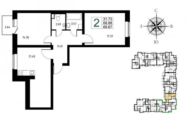 Планировка ЖК Демидовский Парк, 31.73 м2