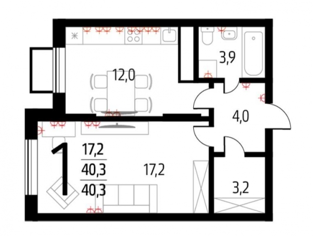 Планировка ЖК Новые Ватутинки. Микрорайон Десна, 17.2 м2