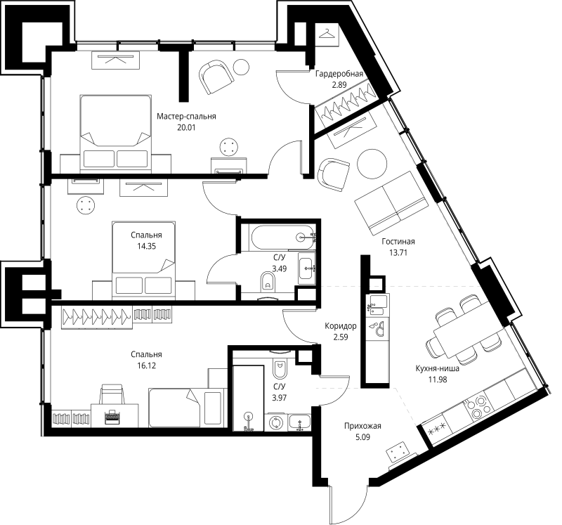 Продажа 3-комн квартиры в новостройке Москва г., Мира пр-кт,  к. 2