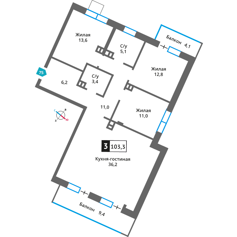 Продажа 3-комн квартиры в новостройке Марьино д., Заречная ул.,  к. 41