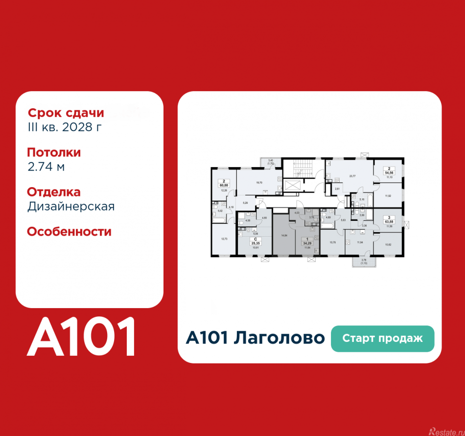 Продажа 1-комн квартиры в новостройке Лаголово, жилой комплекс А101 Лаголово, 1.3-2