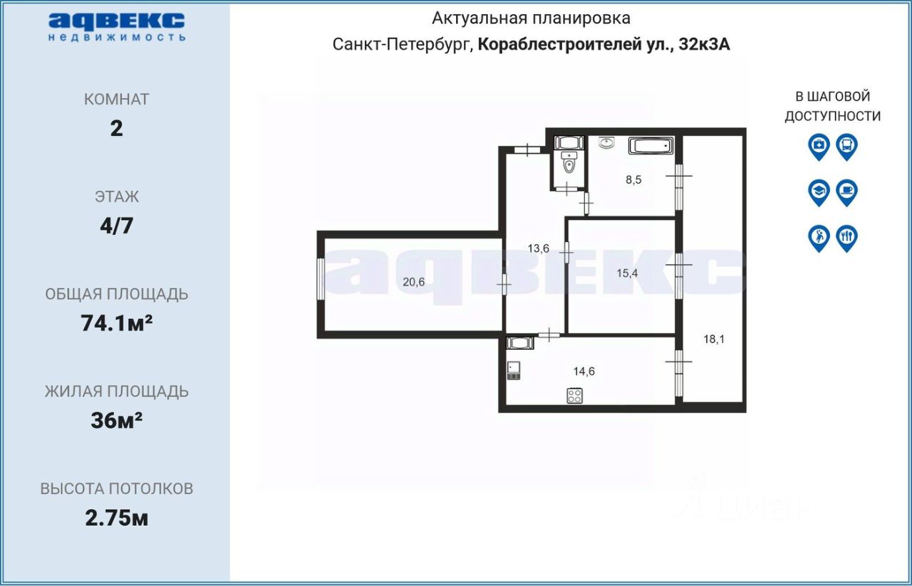 Продажа 2-комн квартиры на вторичном рынке улица Кораблестроителей, 32к3