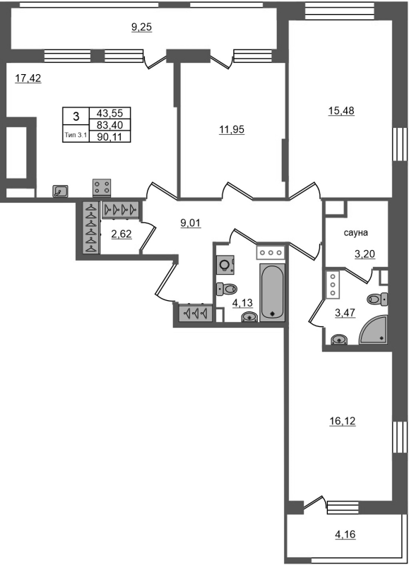 Продажа 3-комн квартиры в новостройке Санкт-Петербург г., Октябрьская наб.,  к. 1.1
