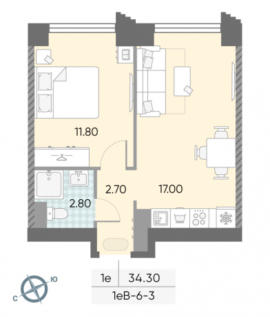 Планировка ЖК Обручева 30, 11.8 м2