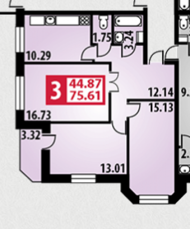Планировка ЖК Парковый, 44.87 м2