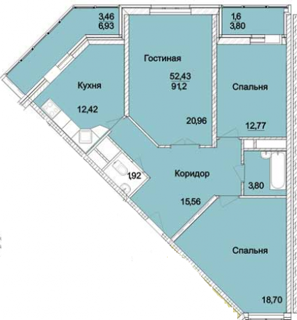 Планировка ЖК Подрезково, 52.43 м2
