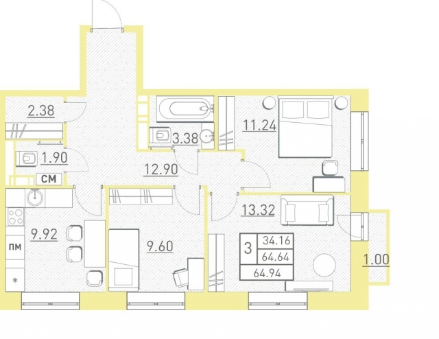 Планировка ЖК Столичный, 34.2 м2
