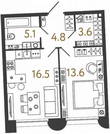 Планировка ЖК Цвет Зеленогорска, 13.6 м2