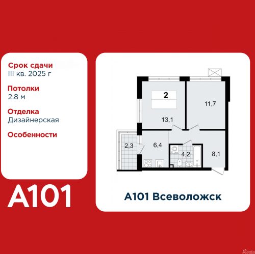 2-комн квартира Всеволожск, микрорайон Южный, 3.2