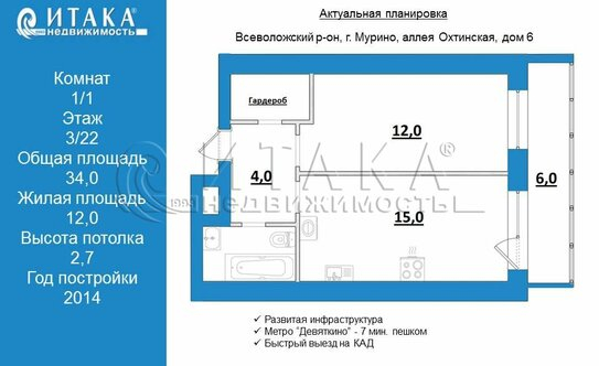 Продажа 1-комн квартиры на вторичном рынке Мурино г, Охтинская аллея,  д. 6