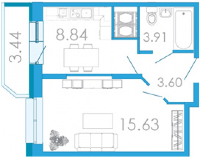 Планировка ЖК Медалист, 15.63 м2