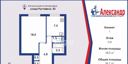 1-комн квартира Руставели ул. ,  д. 52