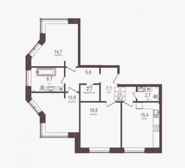 Планировка ЖК Городские резиденции SPIRES, 45.1 м2