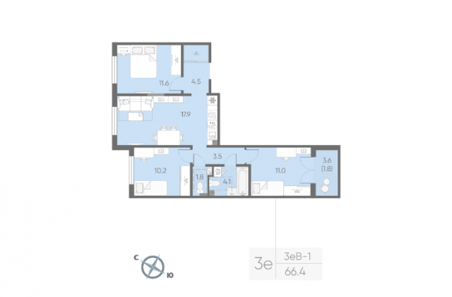 Планировка ЖК Пулково Lake, 32.8 м2