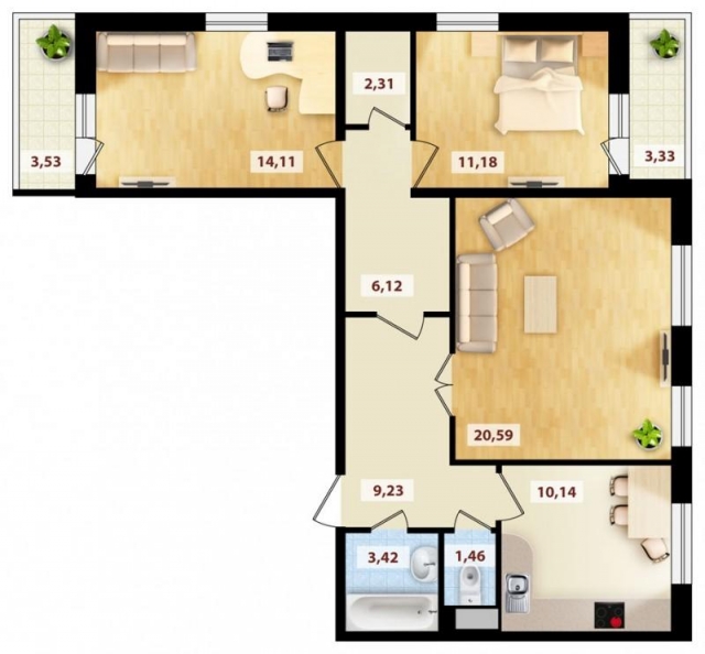 Планировка ЖК Правый берег-2, 45.88 м2