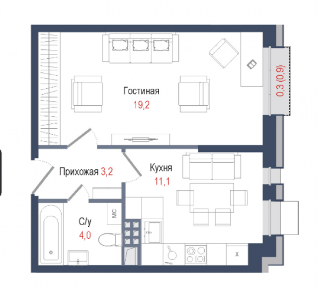 Планировка ЖК КИНОКВАРТАЛ, 19.2 м2