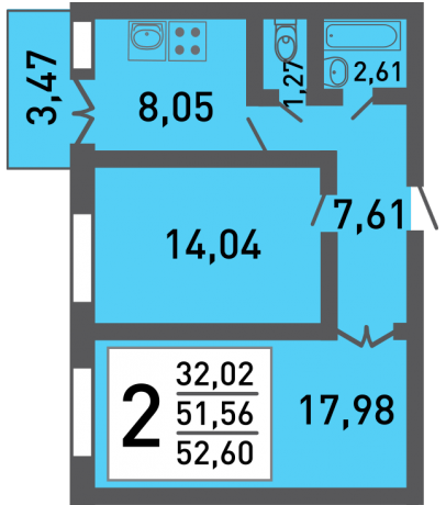 Планировка ЖК ПущиноГрад, 32.02 м2