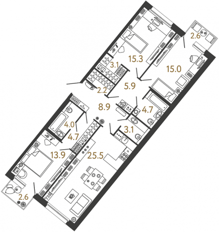 Планировка ЖК Цвет Зеленогорска, 44.2 м2