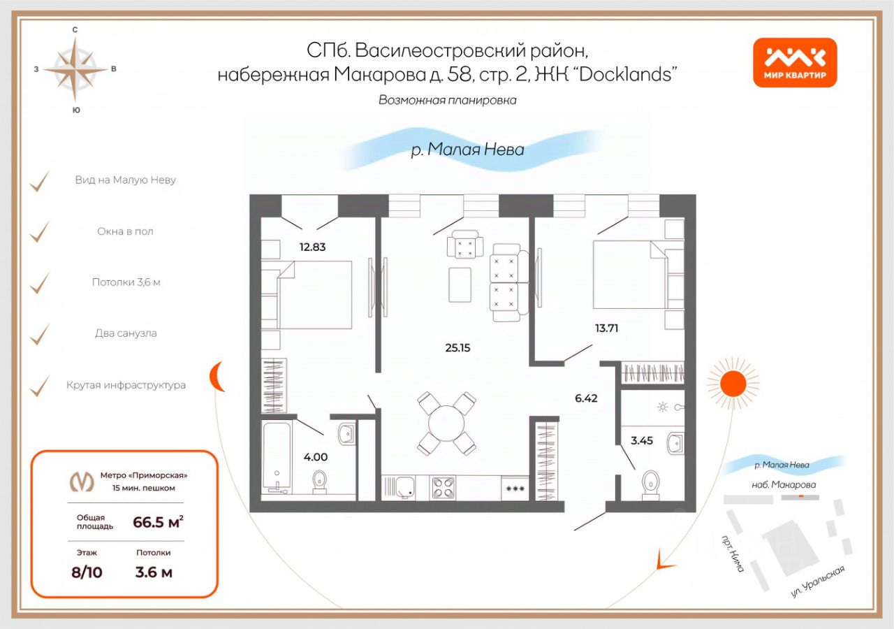 Продажа 2-комн квартиры на вторичном рынке набережная Макарова, 58с2