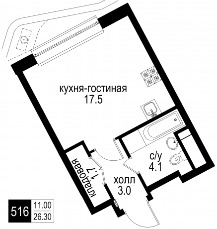 Планировка ЖК Интеллигент, 17.5 м2