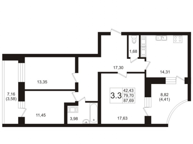 Планировка ЖК Пулковский, 42.43 м2
