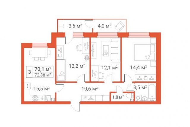 Планировка ЖК 7 PARK, 37.7 м2