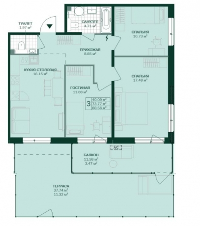 Планировка ЖК Gröna Lund, 40.1 м2