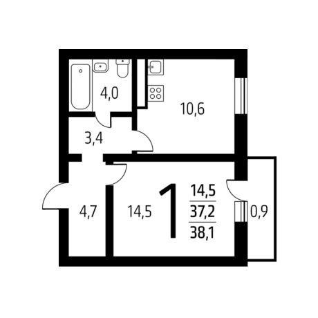 Планировка ЖК Новые Ватутинки. Микрорайон Десна, 14.5 м2