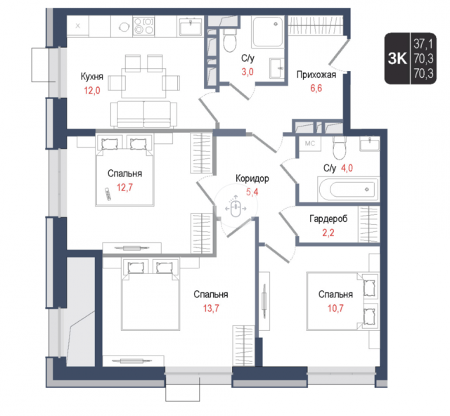 Планировка ЖК КИНОКВАРТАЛ, 37.1 м2