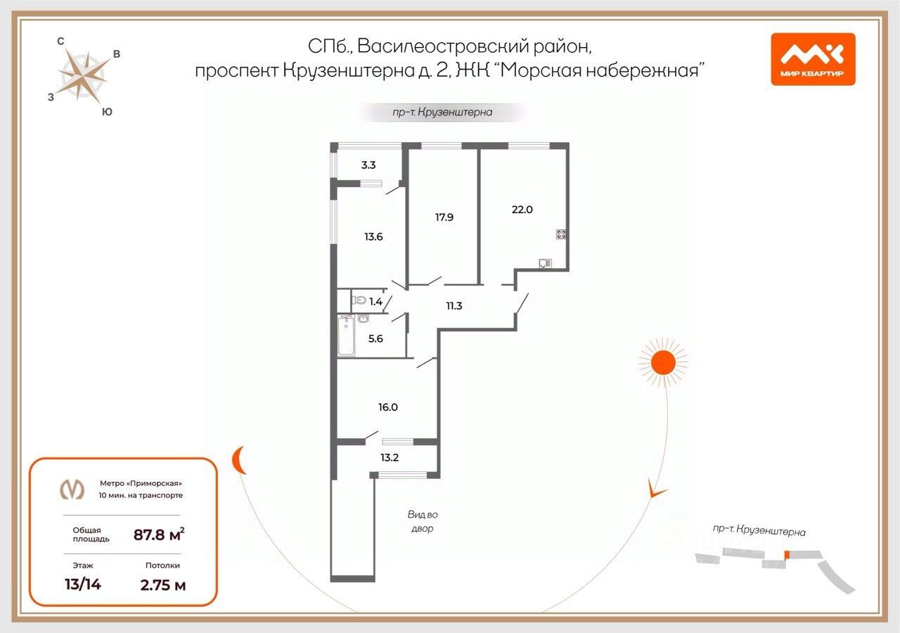 Продажа 3-комн квартиры на вторичном рынке проспект Крузенштерна, 2