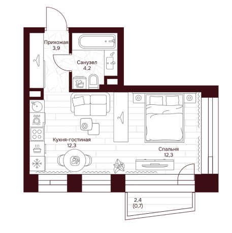 Планировка ЖК Дом 7 Даниловский, 24.6 м2