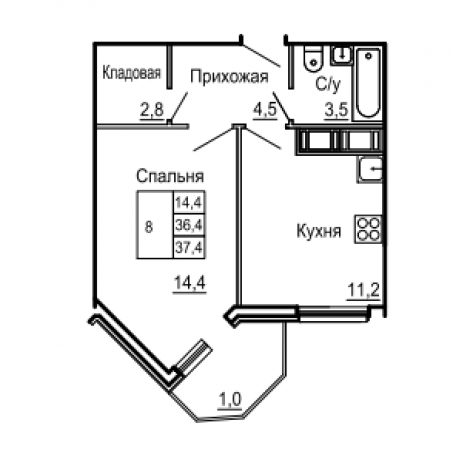 Планировка ЖК Победа-Юг, 14.4 м2