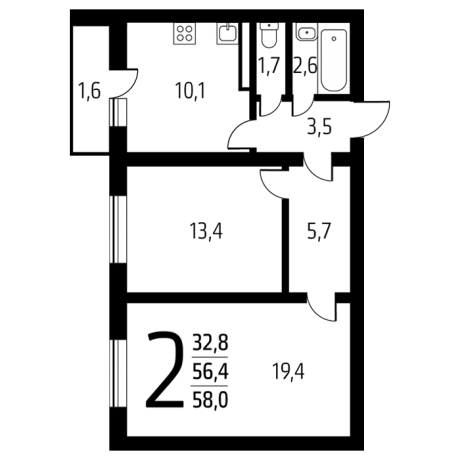 Планировка ЖК Новые Ватутинки. Микрорайон Десна, 32.8 м2
