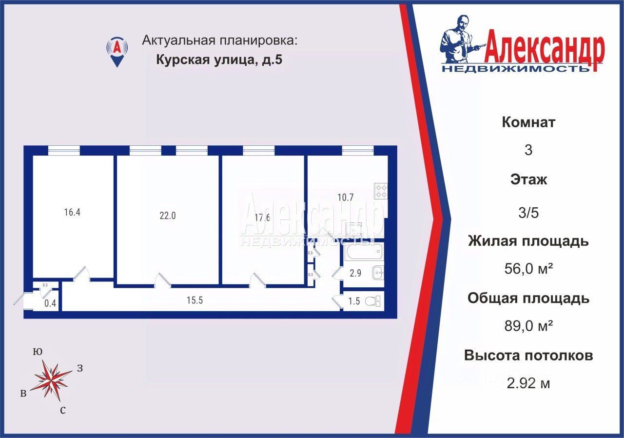 Продажа 3-комн квартиры на вторичном рынке Курская улица,  д. 5