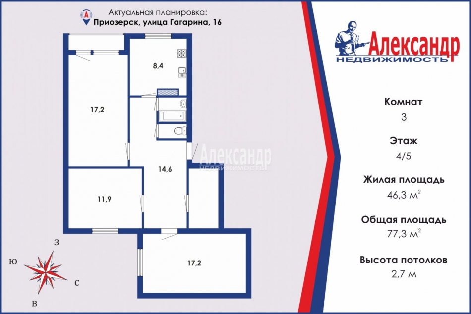 Продажа 3-комн квартиры на вторичном рынке Приозерск г., Гагарина ул. ,  д. 16