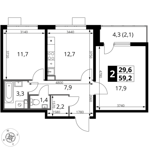 2-комн квартира Видное г., Старо-Нагорная ул.,  к. 1.2