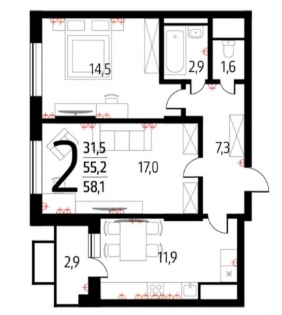 Планировка ЖК Новые Ватутинки. Микрорайон Десна, 31.5 м2