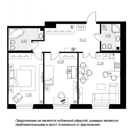 Планировка ЖК Петровская доминанта, 34.79 м2