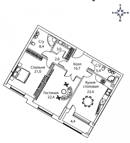 Планировка ЖК Жизнь на Плющихе, 43.4 м2