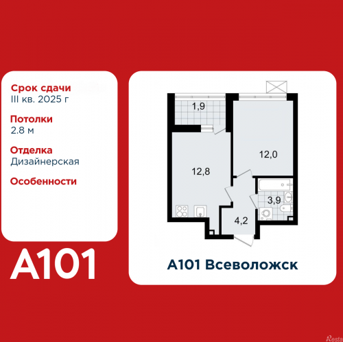 1-комн квартира Всеволожск, микрорайон Южный, 3.2