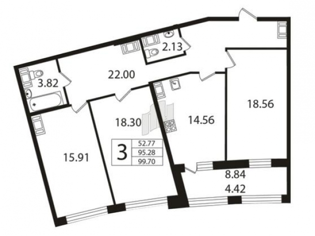Планировка ЖК Riverside, 52.77 м2