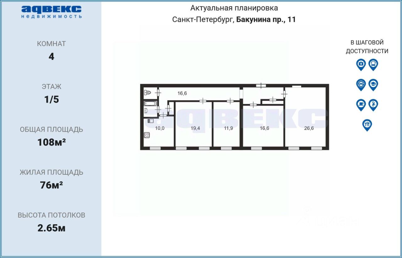 Продажа 4-комн квартиры на вторичном рынке проспект Бакунина, 11