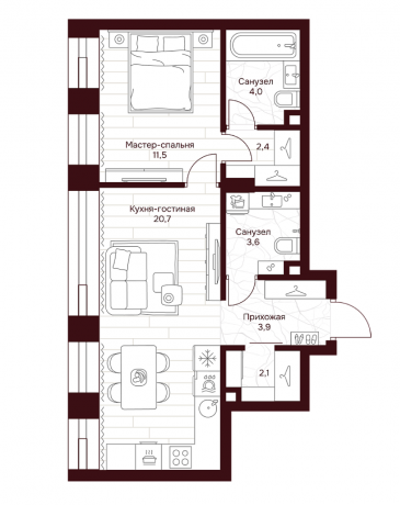 Планировка ЖК Дом 7 Даниловский, 11.5 м2