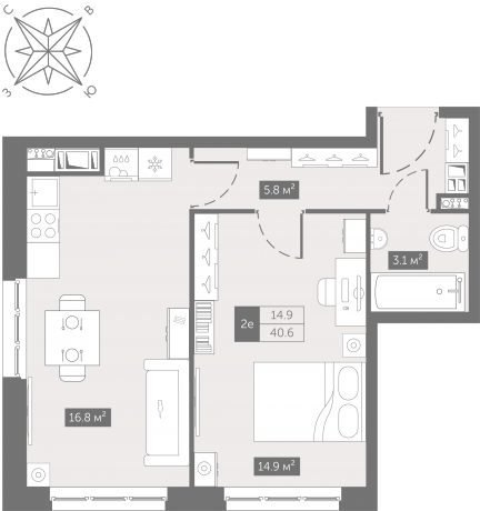 Планировка ЖК Zoom на Неве, 14.9 м2