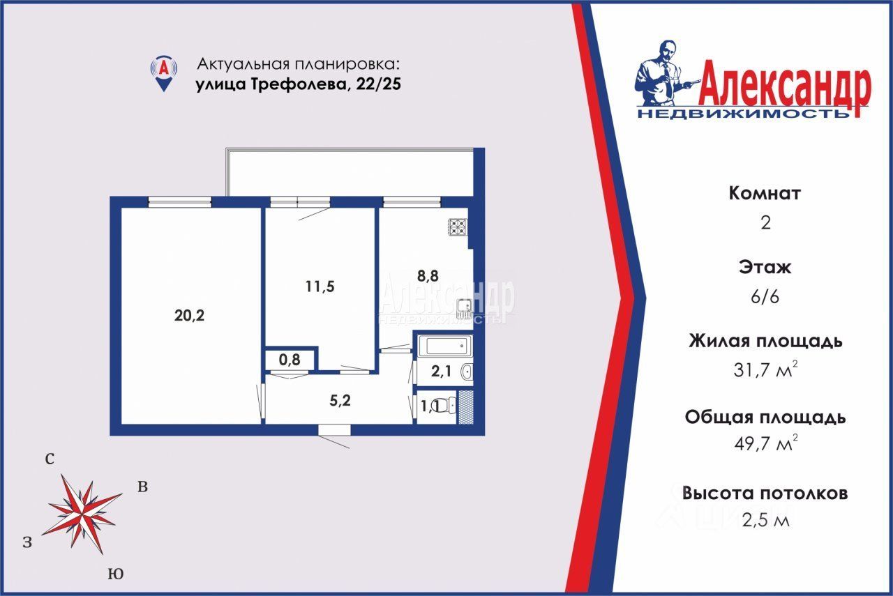 Продажа 2-комн квартиры на вторичном рынке улица Трефолева, 22/25