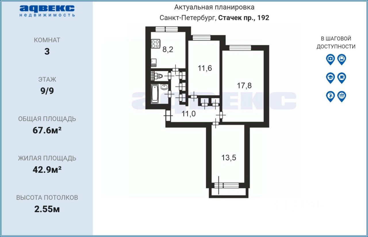 Продажа 3-комн квартиры на вторичном рынке проспект Стачек, 192